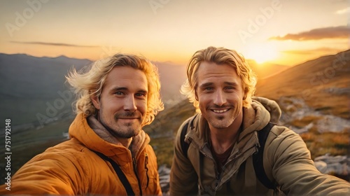 young happy couple traveling together in beautiful nature and taking a selfie, two young men traveling and taking photos against the backdrop of mountains at sunset,