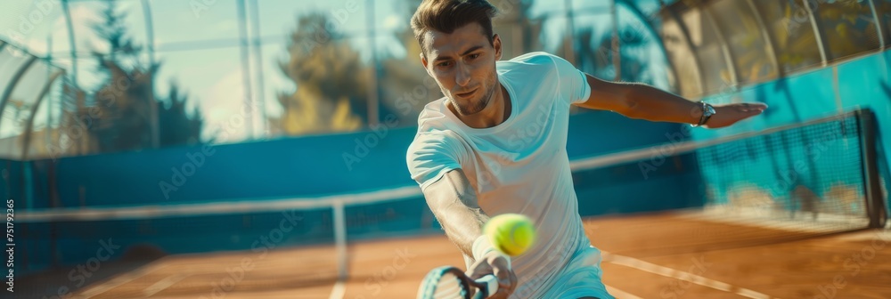 Tennis matches, strong male tennis player hitting a tennis ball with a racket,banner - obrazy, fototapety, plakaty 