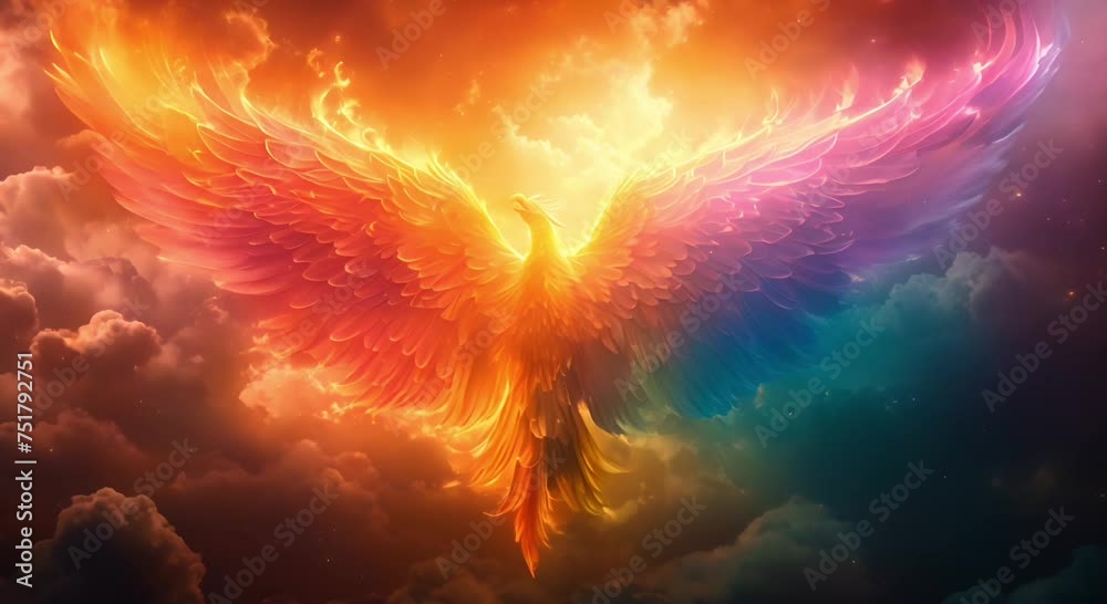 Vidéo Stock Rainbow colored phoenix rising from the ashes, symbolizing ...