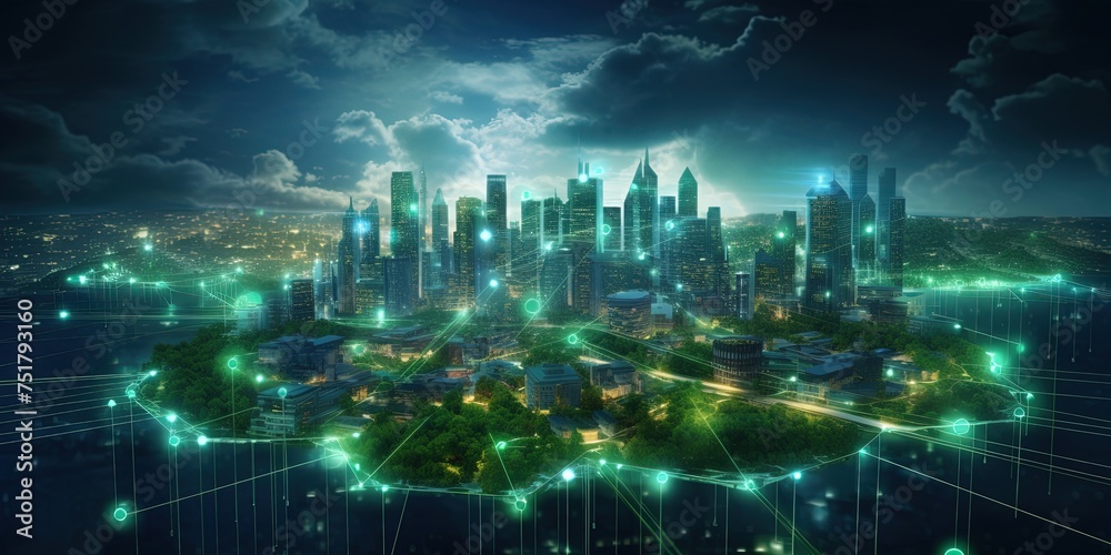 Sprawling green community with Digital smart city infrastructure and rapid data network. Digital city, smart society, smart homes, digital community. DX, IOT, digital network concept.