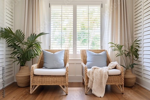 Coastal Style Home: Plantation Shutter Windows, Breezy Curtains, Rattan Rug on Wooden Floor