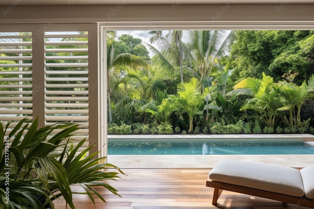 Fototapeta premium Plantation Shutter Windows in Modern Villa: Sliding Doors and Breathtaking Pool View