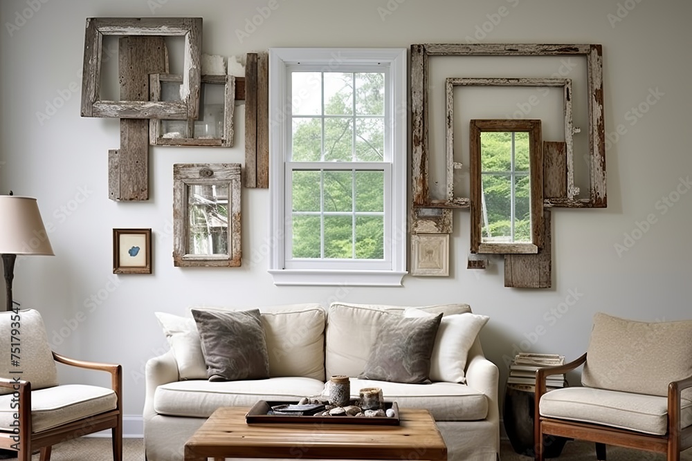 Fototapeta premium Reclaimed Materials: Transforming Old Window Frames into Chic Photo Collage Art Displays
