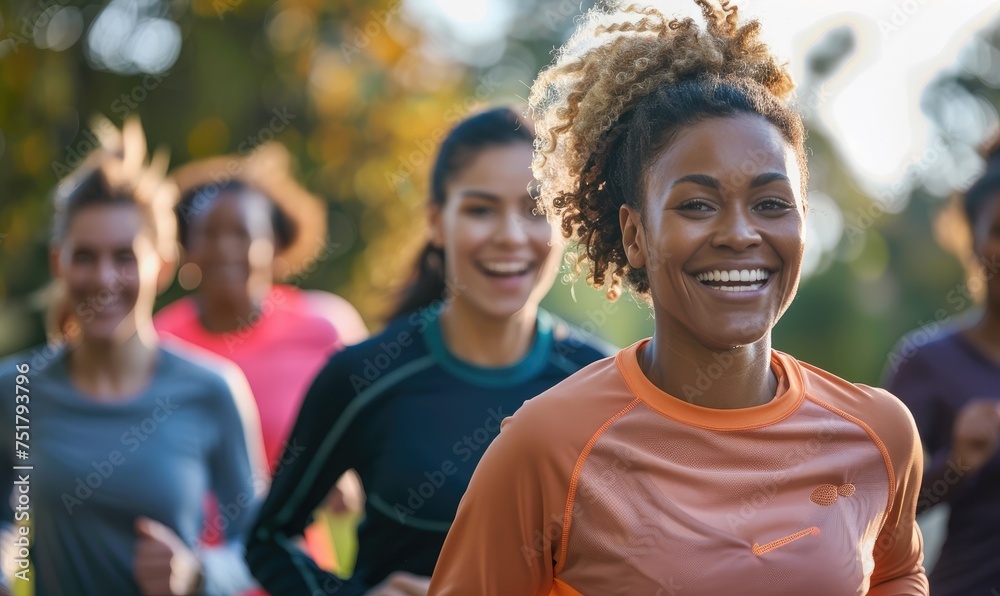 A group of smiling women is jogging in a city park A group of smiling women is jogging in a city park