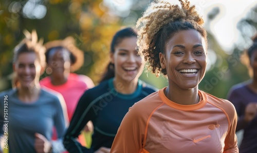 A group of smiling women is jogging in a city park