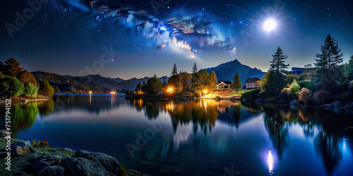 night landscape, stars, lights, house