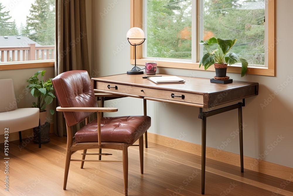 Fototapeta premium Revamped Wooden Table with Leather Chair in Mid-Century Home Office Setting