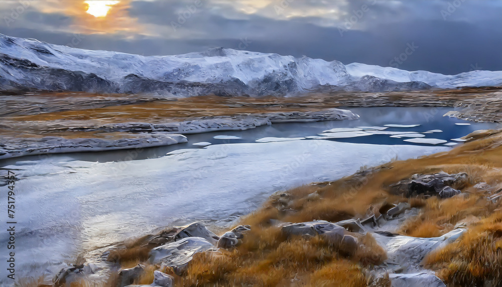 Detailed illustration of Arctic landscape. Beauty frozen mountains and sea water.