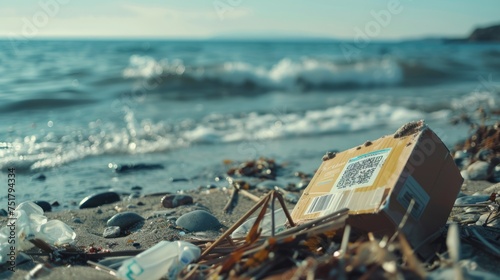 A box is on the beach, and it is covered in plastic