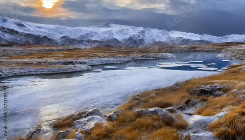 Detailed illustration of Arctic landscape. Beauty frozen mountains and sea water.