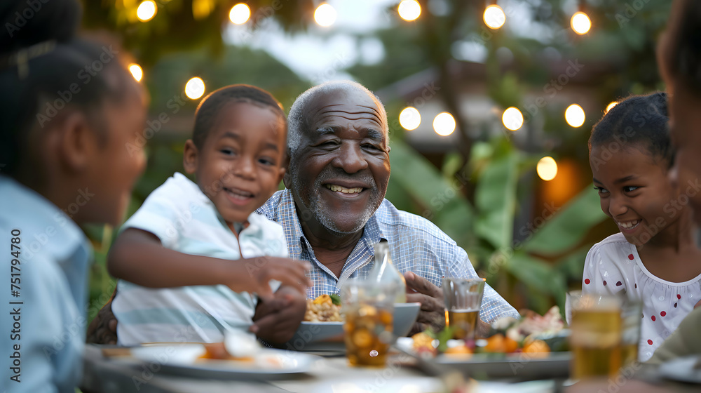 Happy African American family enjoying a meal together outdoors in the evening, with warm lighting and joyful expressions. Happy African American family enjoying a meal together outdoors in the evening, with warm lighting and joyful expressions.