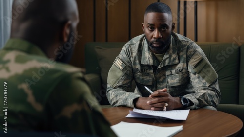 The soldier's uniform bears the marks of his service, contrasting with the peaceful counseling environment.