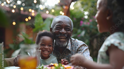 Smiling African American grandfather enjoying an outdoor meal with his grandchildren, surrounded by greenery and warm evening lights.
