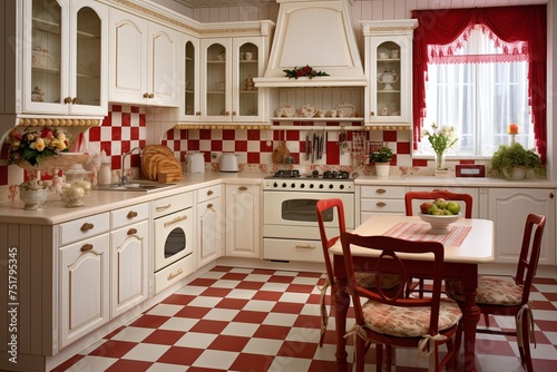 Retro Red and White Country Style Kitchen: Classic Tiles & White Cabinetry