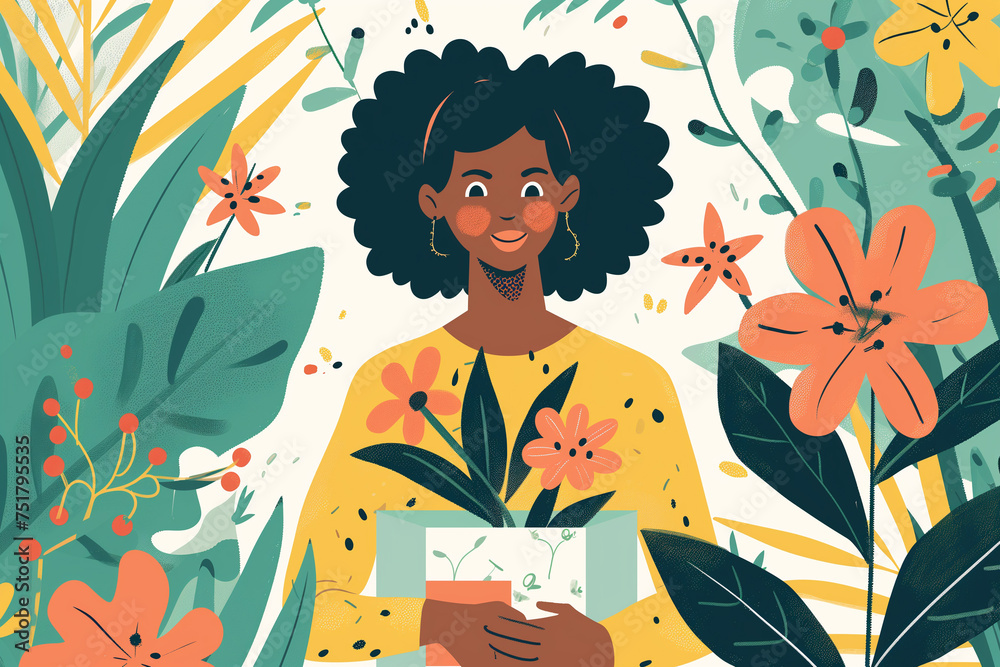 Beautiful african girl holding a letter and flowers in a floral background Beautiful african girl holding a letter and flowers in a floral background