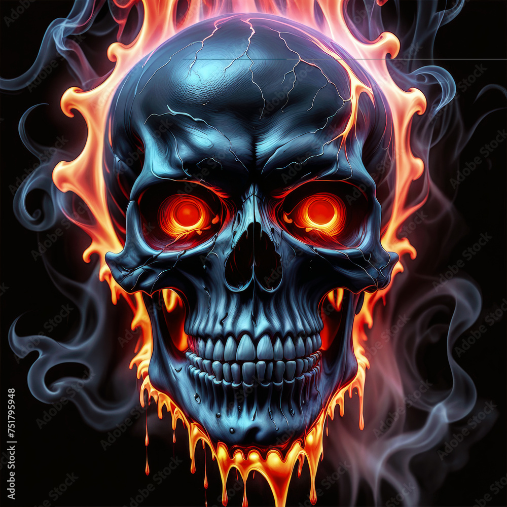 Burning skull on dark background. Generative ai