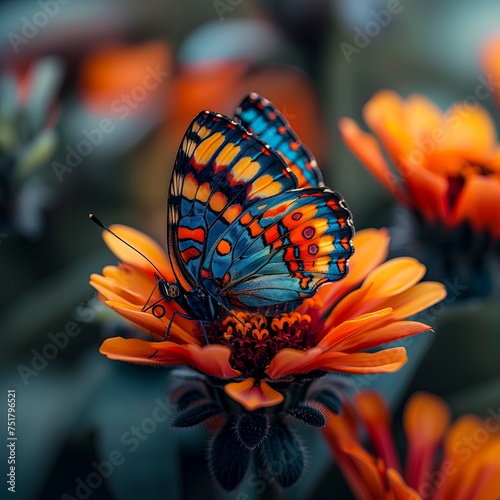 Colorful Butterfly With Intricate Blue, Orange, And Yellow Wings Resting On A Vibrant Orange Flower