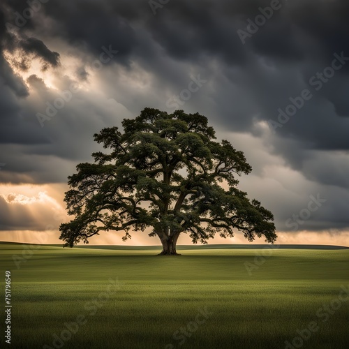 Lone Sentinel: Majestic Oak Tree Against Stormy Skies