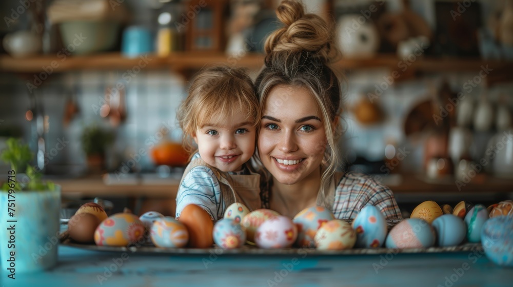 Fototapeta premium Happy mother and little son holding painted colorful Easter eggs in cozy kitchen at home.