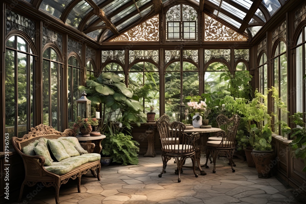 Rustic Conservatory: Ornate Ironwork Structures, Rattan Furniture, Greenery Haven