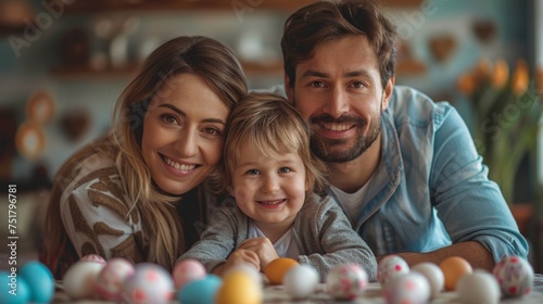 Mother  father and their child draw eggs. A happy family is preparing for Easter.