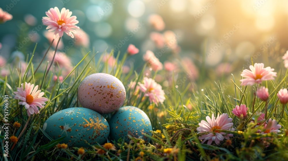 Easter eggs on the grass in a flower field - obrazy, fototapety, plakaty 