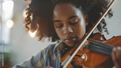 potrait of an attractive young african american woman musician plays the violin practicing musical instrument
