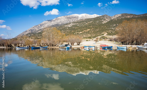 Decorated day-trip boats in Işıklı Lake in Denizli's Çivril district. Isıkli Lake is flooded with visitors during lotus time. It is also a popular lake for hunters.
