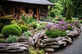 Rustic Farmhouse Garden: Serene Rock & Wooden Log Concepts with Slab Stones