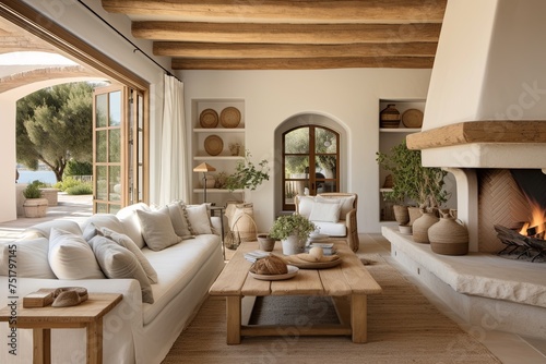Mediterannean Color Palette: Rustic Farmhouse Interior Warmth with Wood and White Fabrics © Michael
