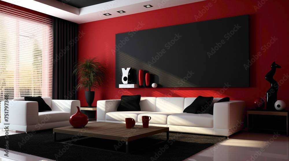 A contemporary living room with a black and white color scheme, a vibrant red accent wall, and a minimalist coffee table.