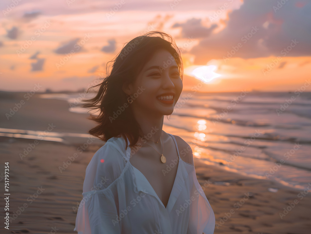 Portrait of a happy laughing asian woman at sunset on beach smiling laughing on summer holiday vacation travel lifestyle freedom fun. Portrait of a happy laughing asian woman at sunset on beach smiling laughing on summer holiday vacation travel lifestyle freedom fun.
