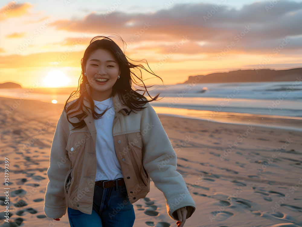 Portrait of a happy laughing asian woman at sunset on beach smiling laughing on summer holiday vacation travel lifestyle freedom fun. Portrait of a happy laughing asian woman at sunset on beach smiling laughing on summer holiday vacation travel lifestyle freedom fun.