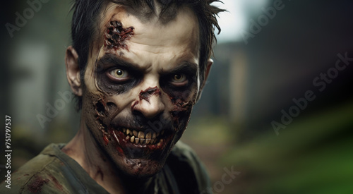 Portrait of an bloody rotten male zombie. Copy space photo