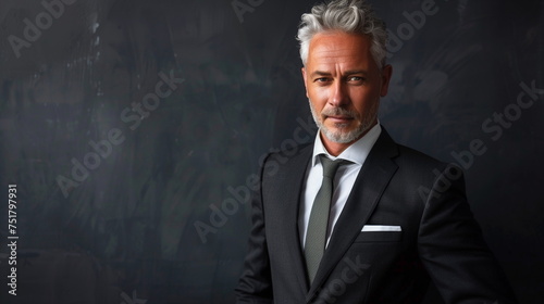 Senior businessman standing over dark wall and looking at camera. Portrait of successful leader standing. Handsome mature man with fashion clothes.