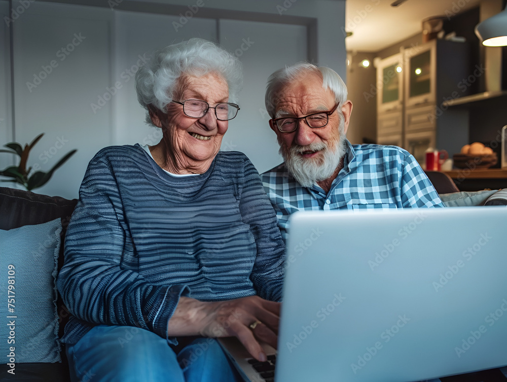 Cute couple of old people sitting on the sofa using laptop together shopping and surfing the net. Two mature people wearing eyeglasses in the living room enjoying technology. Portrait of happy seniors Cute couple of old people sitting on the sofa using laptop together shopping and surfing the net. Two mature people wearing eyeglasses in the living room enjoying technology. Portrait of happy seniors