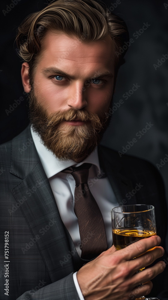 Confident entrepreneur hold glass with whiskey or brandy. Adult man wear formal wear. Modern successful male lifestyle. Isolated on dark background Confident entrepreneur hold glass with whiskey or brandy. Adult man wear formal wear. Modern successful male lifestyle. Isolated on dark background