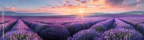 Sunrise over blooming fields of lavender. Lavender purple field  photo