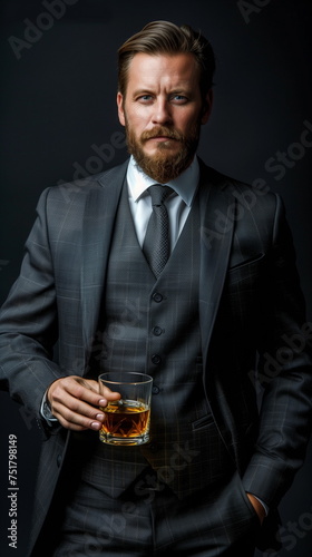 Confident entrepreneur hold glass with whiskey or brandy. Adult man wear formal wear. Modern successful male lifestyle. Isolated on dark background 