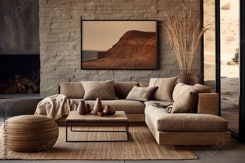Earthy Textiles and Rugs: Rustic Lounge Haven with Natural Fibers & Wall Hangings