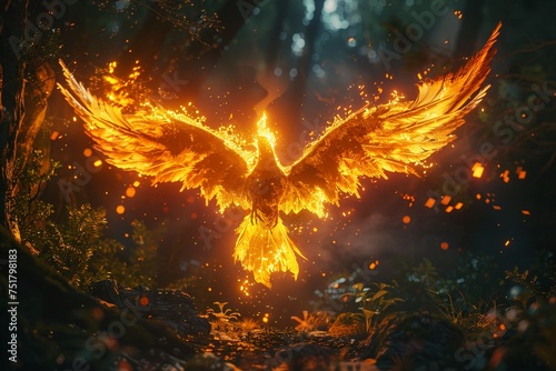3D render of a mythical phoenix reborn from ashes its fiery wings illuminating a dark mystical forest photo