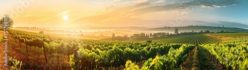 Extra wide panoramic shot of a summer vineyard shot at sunset photo