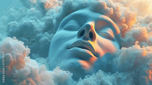 3D render of a serene face exhaling a gentle breath transforming into a cloud that morphs into peaceful animals