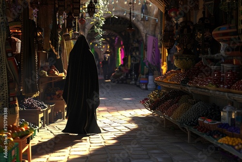 3D render of a shadowy figure collecting protection money from shopkeepers at a magical bazaar enforcing the mafias rule with a hint of dark magic