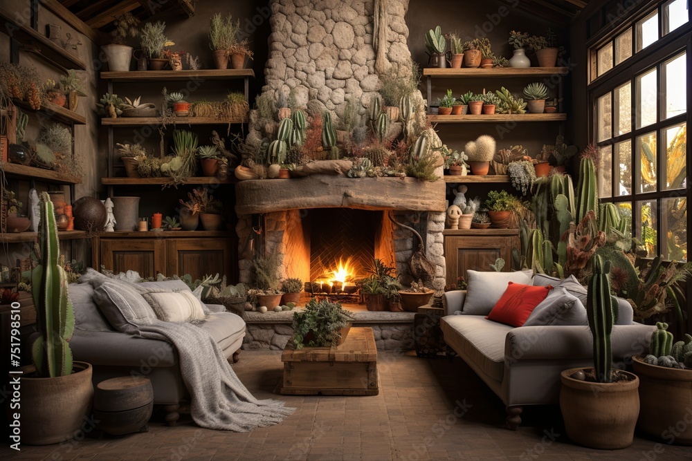 Rustic Lounge Escape: Cactus and Succulent Oasis with Natural Fibers and Fireside Coziness