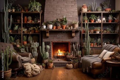 Rustic Lounge Oasis: Cactus and Succulent Splendor with Cozy Fireplace Vibes