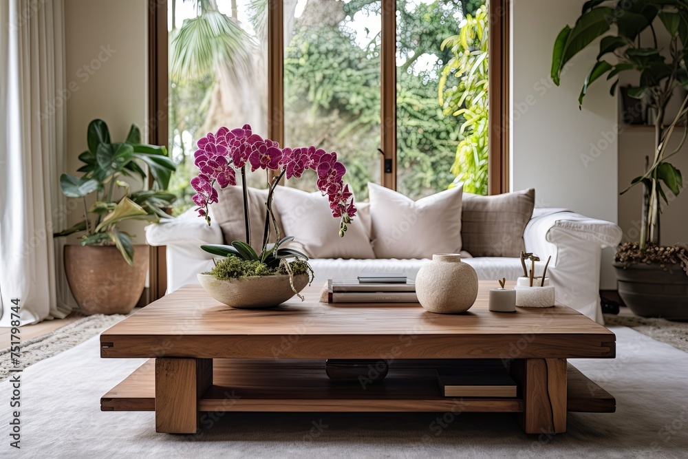 Rustic Minimalist Home: Wooden Furniture, Lush Fern, and Orchid Coffee Table Displays
