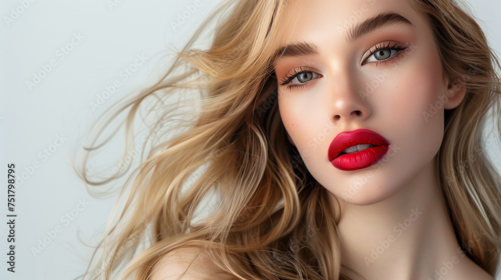 Beautiful  blonde model  girl  with long curly  hair. Red  lips. Fashion, beauty and make up portrait