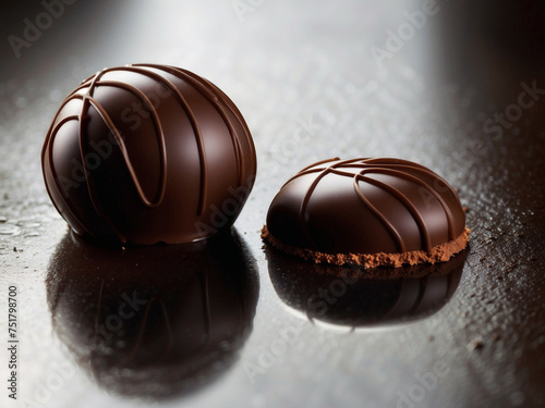 Bombones de chocolate negro con decoraci  n de l  neas finas sobre fondo oscuro y h  medo.