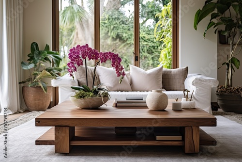 Rustic Minimalist Home: Wooden Furniture, Lush Fern, and Orchid Coffee Table Displays © Michael